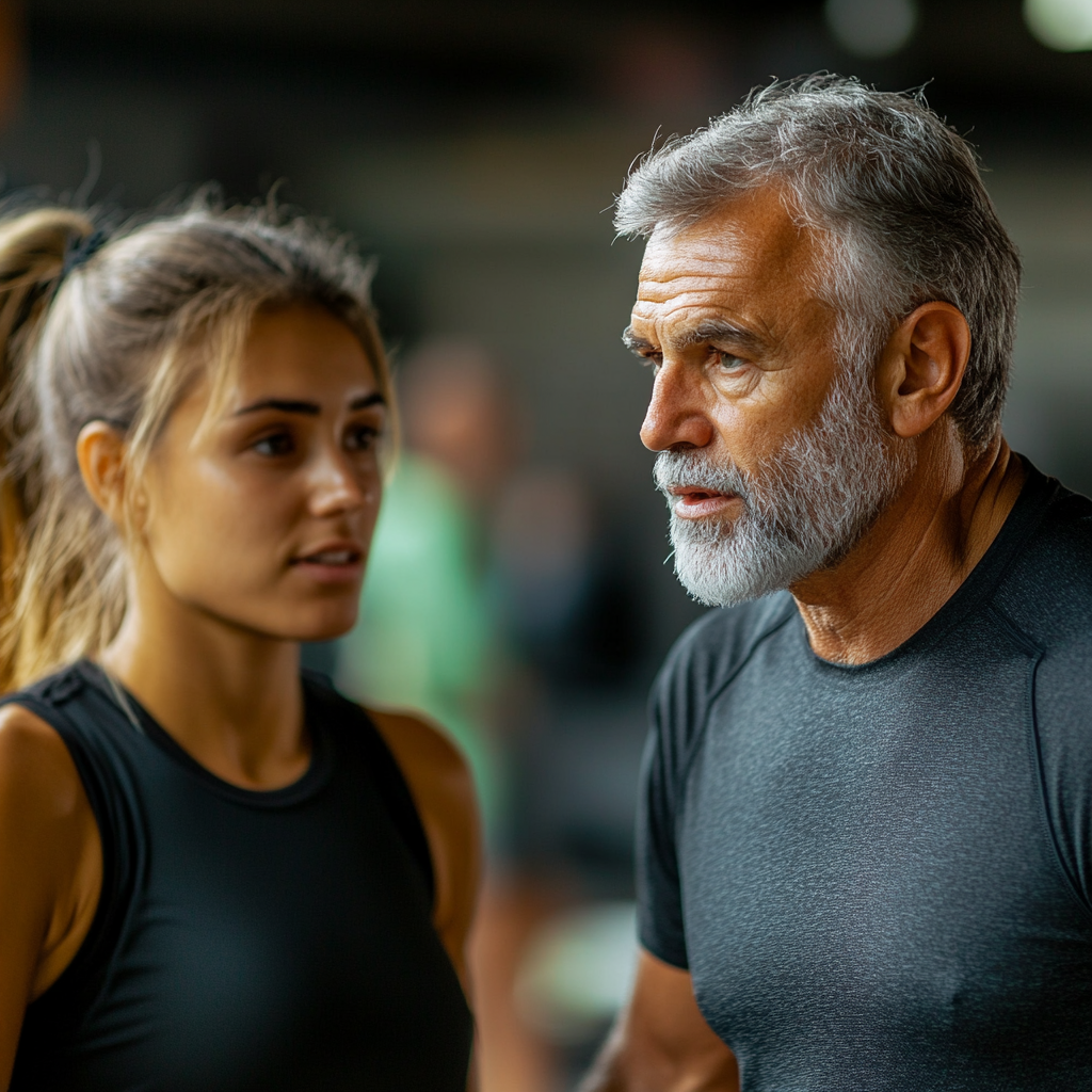 Мъж на 52 години се консултира с фитнес инструктор относно тренировъчна програма