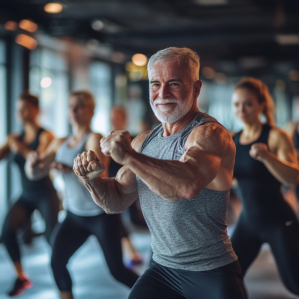 Група от хора на средна възраст между 50-60 години правят групова тренировка във фитнес студио