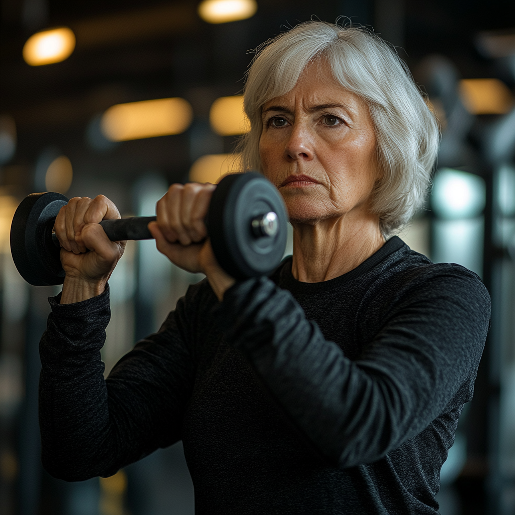 Възрастна жена на 55 години прави силова тренировка с дъмбели в модерна фитнес зала