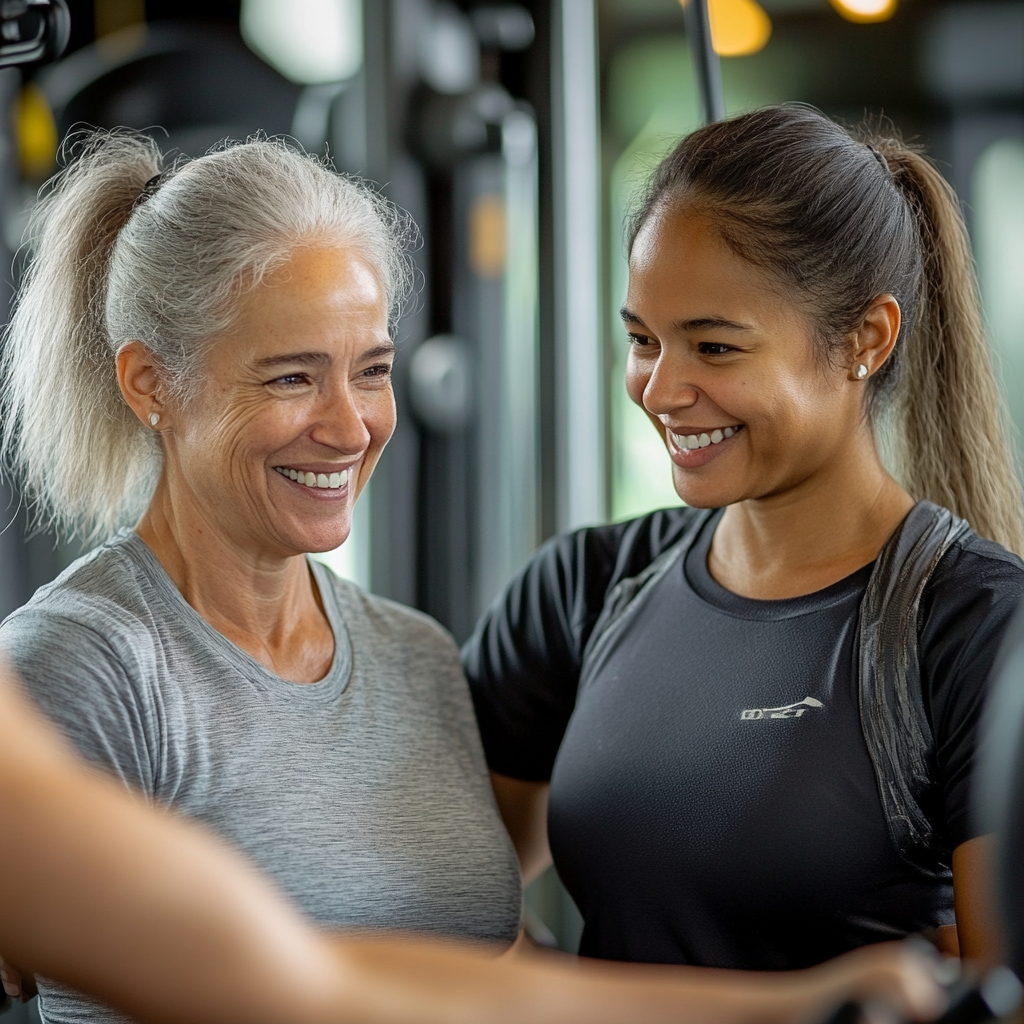 Усмихната жена на 58 години с инструктор във фитнес залата по време на първа тренировка